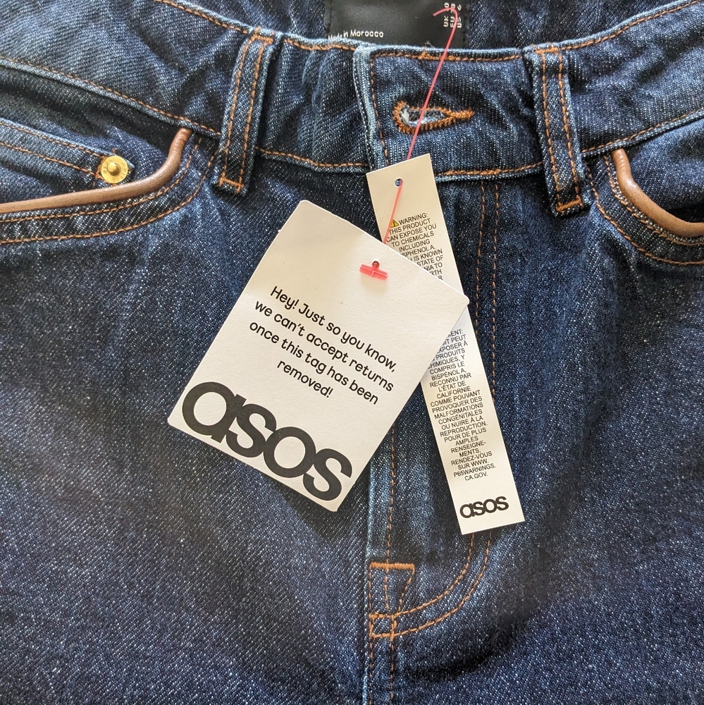 ASOS Design high rise slim straight jean mid wash with brown faux leather trim